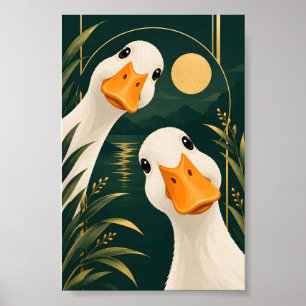 Arte de pared botánico vintage de gansos blancos c