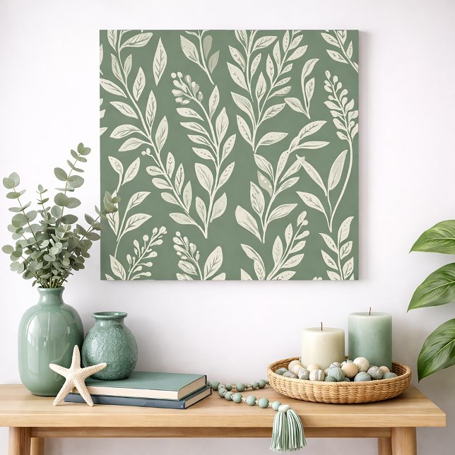 Arte de pared con patrón de hoja botánica en verde (Sage green and cream leaves art print)
