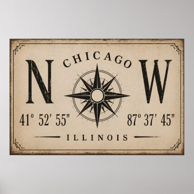 Arte de Pared Coordenadas Vintage de Chicago (Frente)