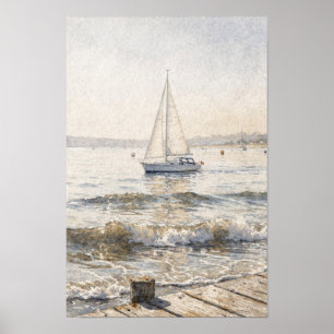 Arte de pared costero de velero en ocra e índigo