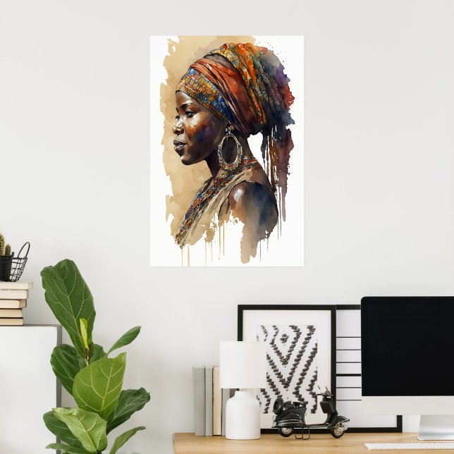 Arte de pared de acuarela de mujer tribal africana (Oficina en casa)