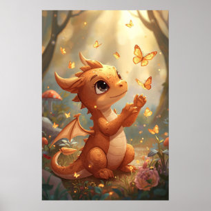 Arte de pared de adorable dragón bebé con mariposa