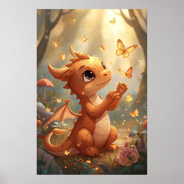 Arte de pared de adorable dragón bebé con mariposa (Frente)