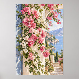 Arte de pared de arco junto al lago con buganvilla