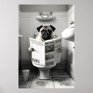 Arte de pared de baño divertido Pug Inodoro Impres
