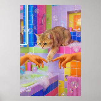 Arte de pared de baño maximalista, gato británico
