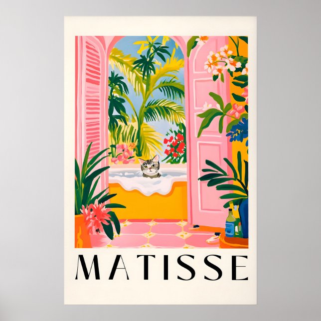 Arte de pared de baño rosa con estampado de gato d (Frente)
