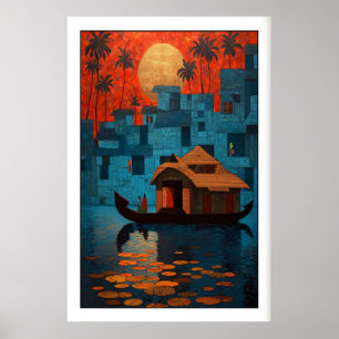 Arte de pared de barco de Kerala, puesta de sol, l