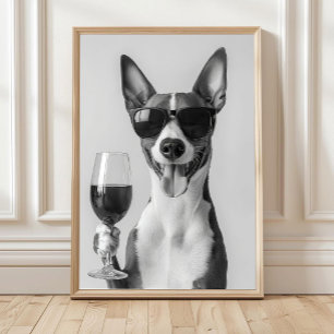 Arte de Pared de Basenji Bebiendo Vino, Blanco y N