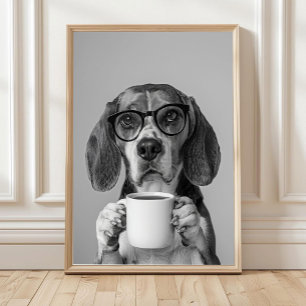 Arte de Pared de Beagle Bebiendo Café, Blanco y Ne