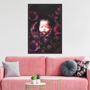 Arte de pared de bebé místico y flores púrpuras