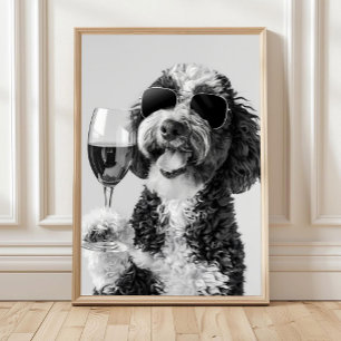 Arte de Pared de Bernedoodle Bebiendo Vino, Negro