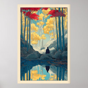 Arte de pared de bosque: árboles serenos y figura 