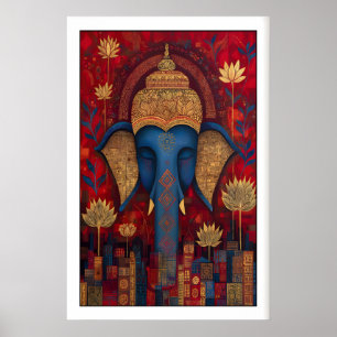 Arte de pared de Buda elefante místico, flores de 