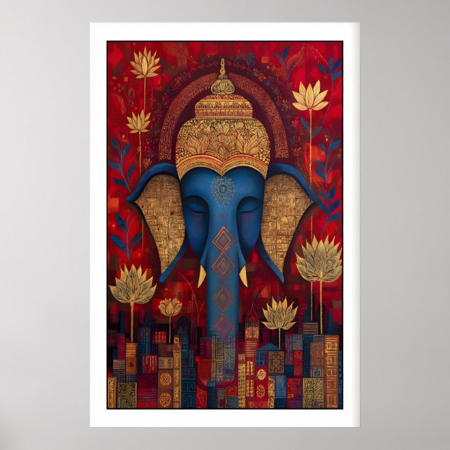 Arte de pared de Buda elefante místico, flores de  (Frente)