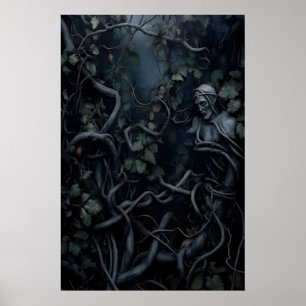 Arte de pared de cabaña oscura con vides mortales,