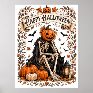 Arte de pared de calabaza esqueleto vintage, acade