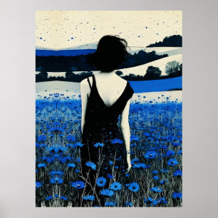 Arte de pared de campo de flores silvestres azules