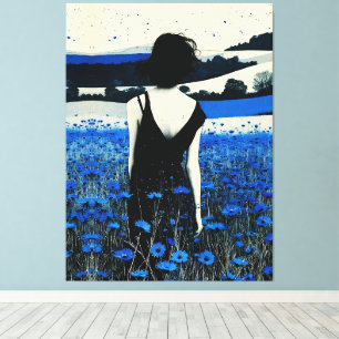 Arte de pared de campo de flores silvestres azules