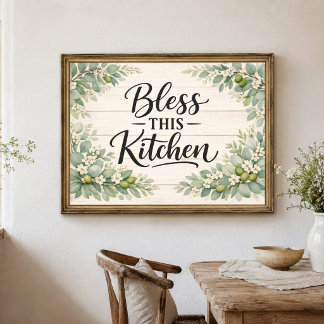 Arte de pared de cocina bendita con flores verdes