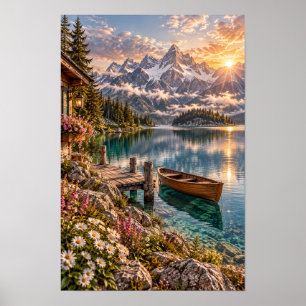 Arte de pared de flor silvestre lago alpino bote d