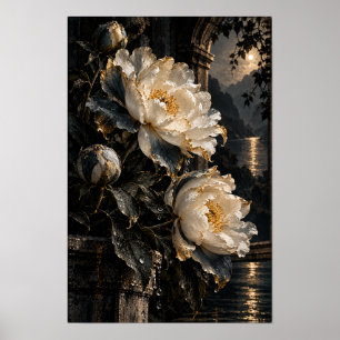 Arte de pared de flores de peonía crema en jardín