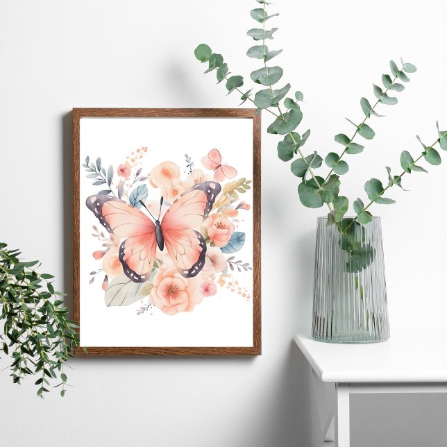Arte de pared de flores florales mariposa rosa acu (Pink Butterfly Floral Watercolor Wall Art Poster, Framed or Unframed)