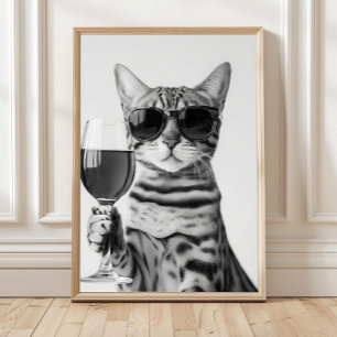 Arte de Pared de Gato Bengal Bebiendo Vino, Blanco