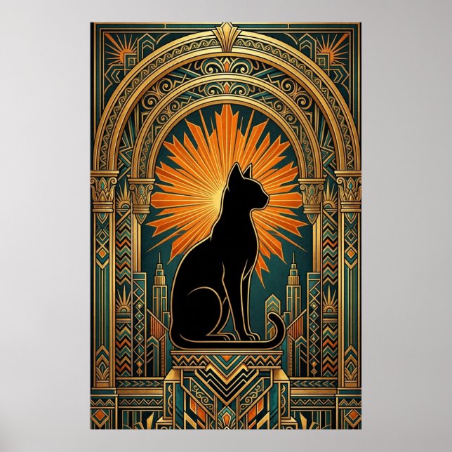 Arte de pared de gato negro con ráfaga de sol Art  (Frente)