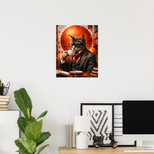 Arte de Pared de Gato Sofisticado Bebiendo Café