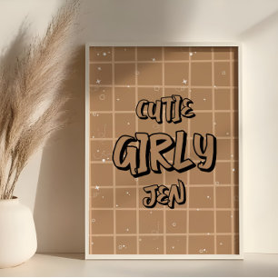 Arte de pared de gingham marrón para niñas lindas