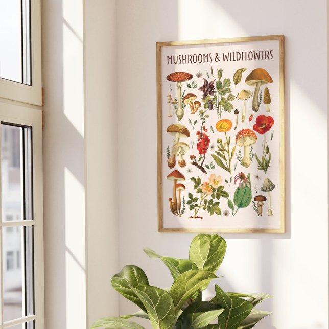 Arte de pared de gráfico de hongos y flores silves (In situ beside the window)