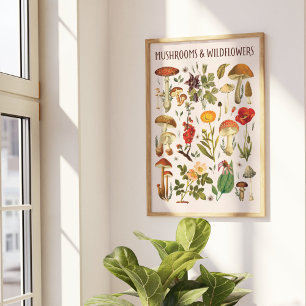 Arte de pared de gráfico de hongos y flores silves