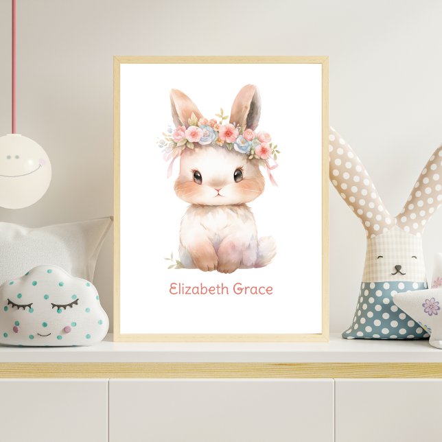 Arte de pared de guardería con conejito floral ros (Baby Bunny Pink Flowers on head watercolor Nursery Wall Art, Monogram with babies name or other text)