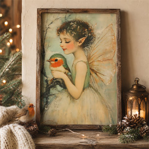 Arte de pared de hada de Navidad vintage y petirro