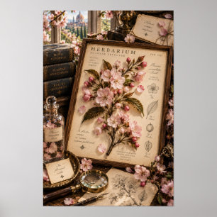 Arte de pared de herbario de flor de cerezo vintag