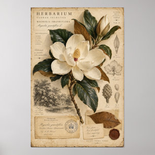 Arte de pared de herbario de magnolia blanca vinta