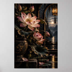 Arte de pared de jardín con linterna lunar y loto