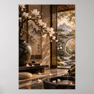 Arte de pared de jardín magnolia Zen montaña
