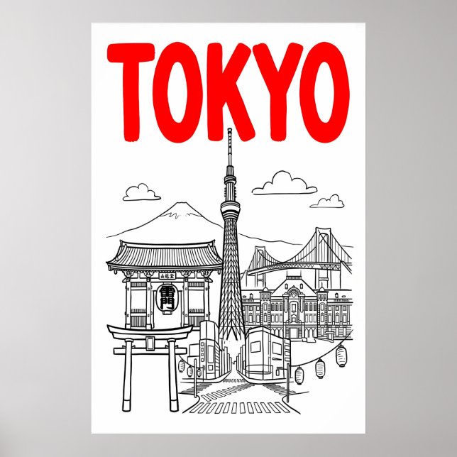 Arte de pared de la ciudad de Tokio con letras roj (Frente)