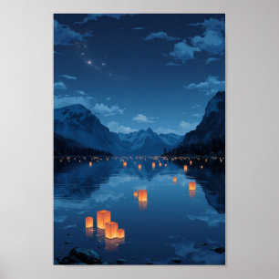 Arte de pared de lago de linterna flotante de anim