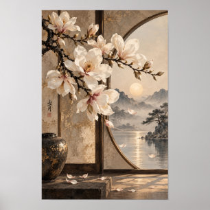 Arte de pared de lago de montaña con puerta de lun
