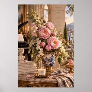 Arte de pared de lago italiano de peonía rosa vint