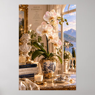 Arte de pared de lago italiano orquídea blanca vin