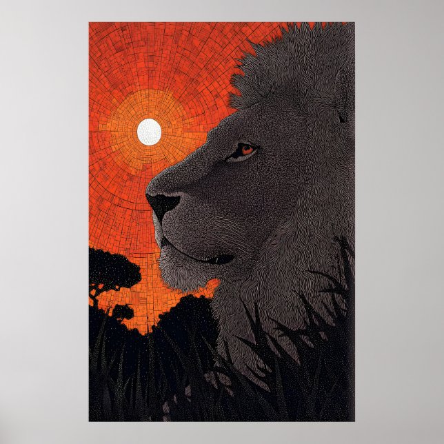 Arte de pared de león de safari, silueta de puesta (Frente)