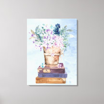 Arte de pared de lienzo de libros y flores azul pú
