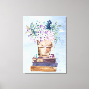 Arte de pared de lienzo de libros y flores azul pú