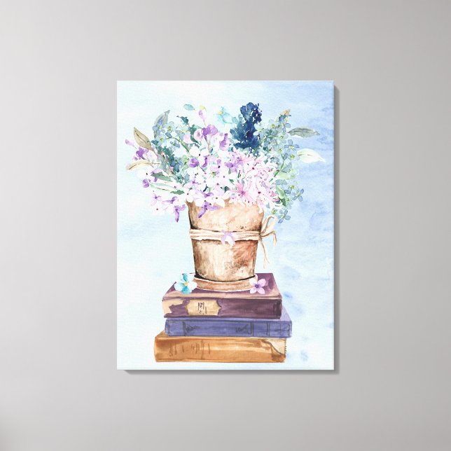Arte de pared de lienzo de libros y flores azul pú (Anverso)