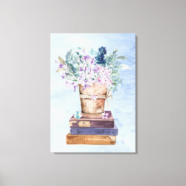 Arte de pared de lienzo de libros y flores azul pú (Anverso)