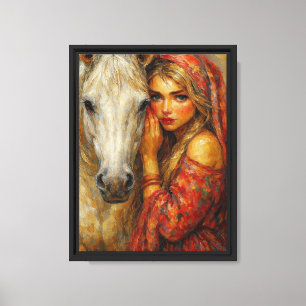 Arte de pared de lienzo de mujer con caballo blanc